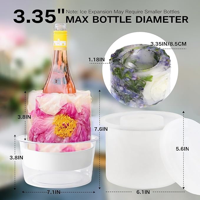 Silicone Ice Bucket Mold Wine Bottle Chiller, [EASY TO GET OUT] DIY Champagne Ice Mold with Flowers/Fruits/Theme Decors, Wine Ice Bucket for Parties/Wedding, For Wine Lovers/Hostess/Women