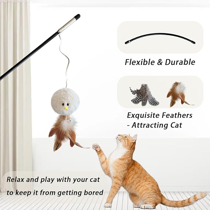 Interactive Cat Wand Toy Set,2 PCS Feather Plush Ball Cat Toys with Catnip & Bell Cats Teaser Sticks for Indoor Play Chase Exercise with Kittens