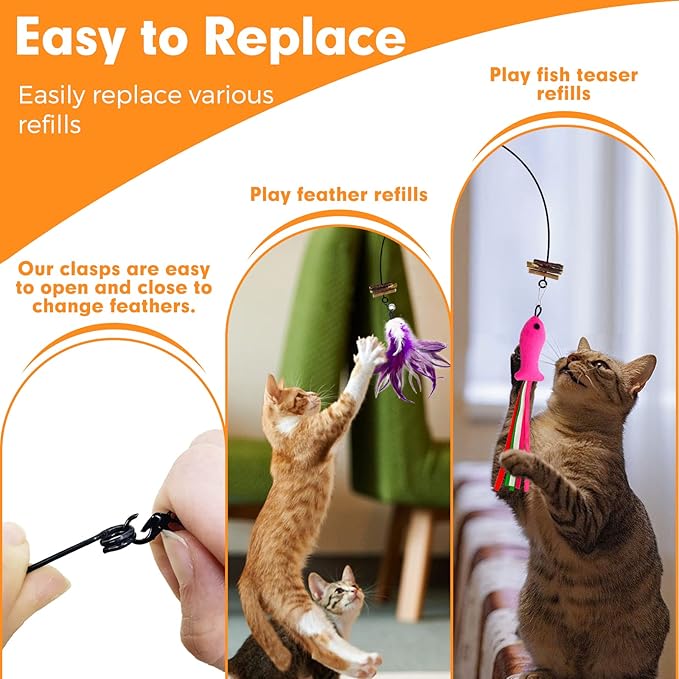 Cat Wand Toy, Cat Feather Toys with Silvervine & Bells, 2 * Teaser Wand & 6 * Teaser Refills, Extra Long 38.5" Wire Wand, Toy for Indoor Cats & Kitten & Kitty