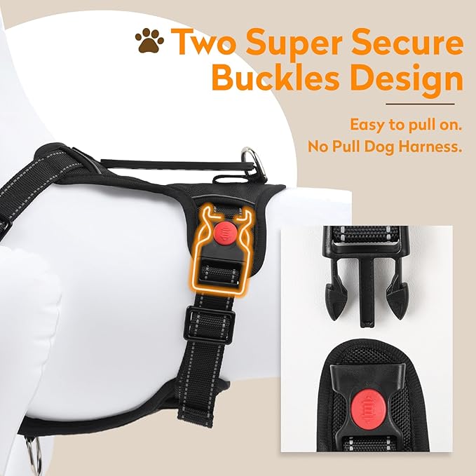 No Pull Dog Harness with 2 Leash Clips, Reflective Adjustable Soft Padded Vest with Handle, Breathable Oxford No Choke Pet Vest for Puppy, Black,XS