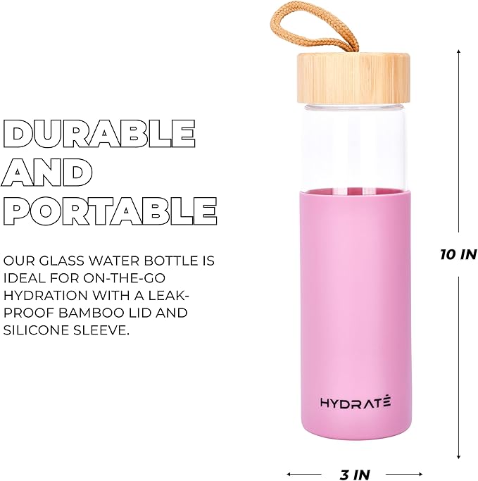 HYDRATE Glass Water Bottles 25 oz - Gym Drinking Bottles with Slip Resistant Silicone Sleeve and Leak Proof Bamboo Lid - Clear Sports Bottle Made of Borosilicate Glass - 10 x 3 inches - Pink