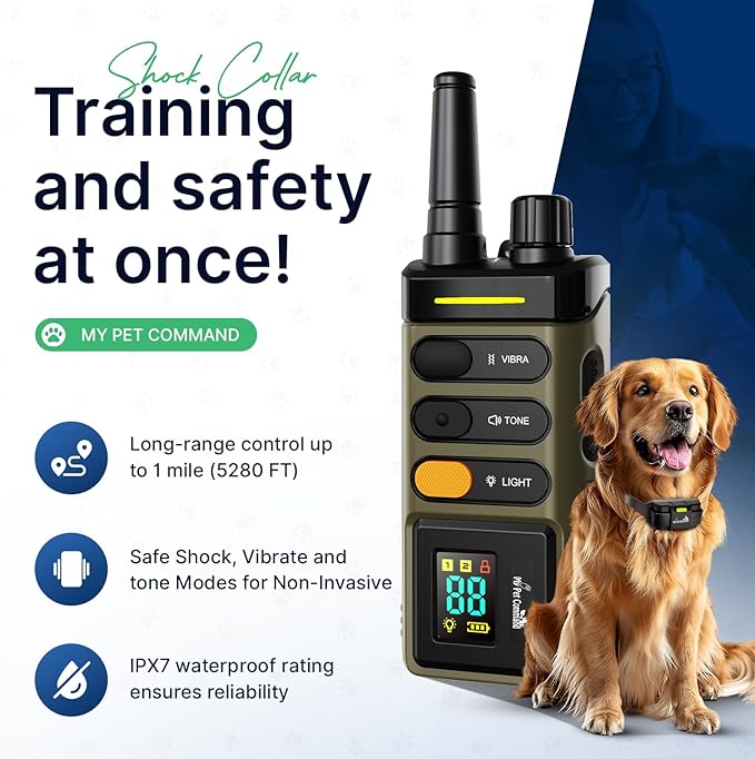 My Pet Command Long Range Dog Training Collar with Remote 1 Mile/5280 Ft Safe Shock, Vibrate, Tone collar with Flashing Beacon Lights Rechargeable Waterproof Dog collar with remote add Up to 2 Collars