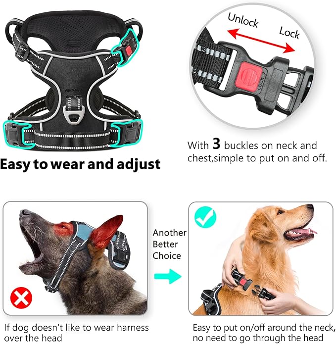 Timos Dog Harness, No-Pull Pet Harness with 2 Leash Clips, 3 Snap Buckles Adjustable Soft Padded Dog Vest, Reflective No-Choke Pet Oxford Vest with Easy Control Handle for Small Medium Large Dogs