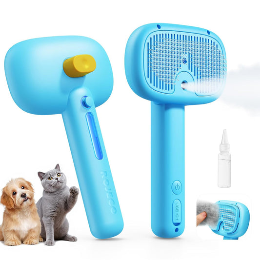 ROJECO 3-in-1 Pet Steam Brush for Cats&Dogs - Detangling Comb with Adjustable Mist, Handheld Deshedding Grooming Tool for Long/Short Hair, Massage Brush & Shedding Control Gift,Cordless (Blue)