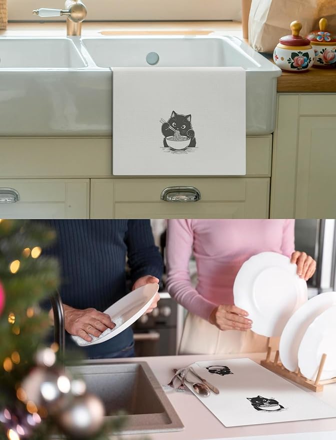 Black Cat Kitchen Towels, Funny Noodle Cat Dish Towels for Kitchen, Cat Hand Towels, Cat Towels for Cat Lovers, Black Cat Gifts, Cat Lover Gifts, Cat Mom Gifts, Cat Lady Gifts, 16x24 Inch
