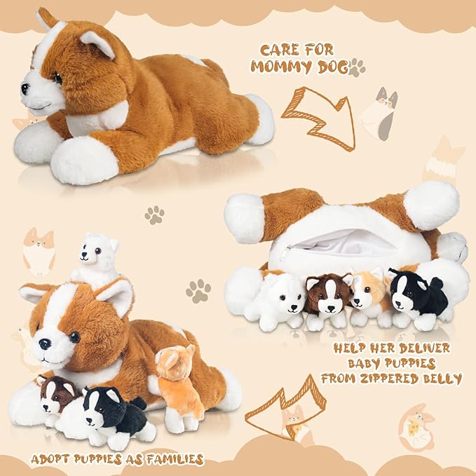 5 Pieces Dog Stuffed Animal, Corgi Stuffed Animal with Babies Inside - 1 Mommy Stuffed Dog Plush Toy with 4 Puppies, Puppy Stuffed Animals Surprise for Kids Boys Girls Easter Birthday Christmas Party