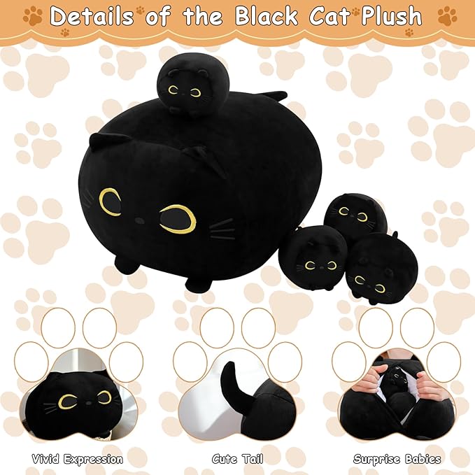 Black Cat Stuffed Animal Mommy Cat Plush Toys with 4 Squishy Baby in Her Tummy Soft Cute Hugging Pillows for Boys and Girls