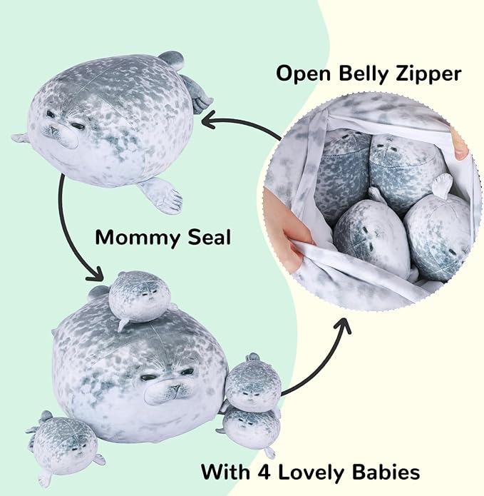 ETAOLINE Chubby Blob Seal Pillow Cute Seal Plush Toy Cotton Stuffed Animals with 4 Baby Seal Plushies