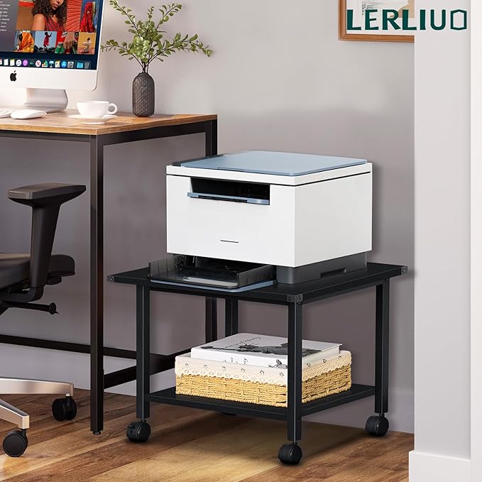 Lerliuo Under Desk Printer Stand, 2-Tier Industrial Mobile Printer Table with Storage Shelf and Steel Frame, Rolling Printer Cart Holder with Lockable Wheels for Home, Office (Black)