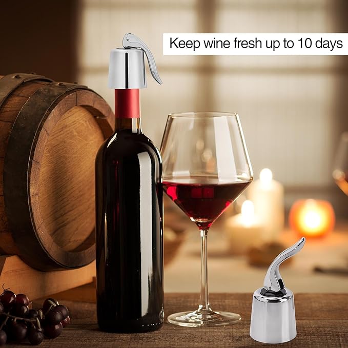 6Pcs Plastic Wine Stoppers, Reusable Wine Bottle Stopper with Silicone Seal, Wine Saver and Decorative Bottle Sealer, Beverage and Wine to Keep Fresh (Silver）