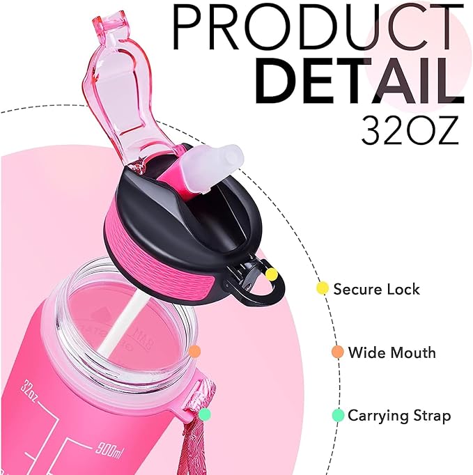 Mimi 32 oz Water Bottle with Times Marker to Drink and Straw, Carrying Strap, Leakproof Tritan BPA-Free, Ensure You Drink Enough Water for Fitness, Gym, Camping, Outdoor Sports
