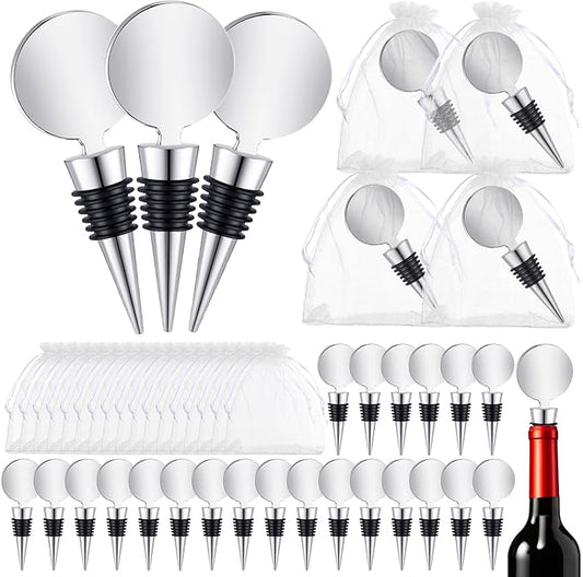 24 Sets Wine Stopper for Wine Bottles Wedding Wine Stopper Champagne Bottle Stoppers Beverage Bottle Stoppers with White Sheer Organza Bags Wedding Party Favor for Guests (Silver)