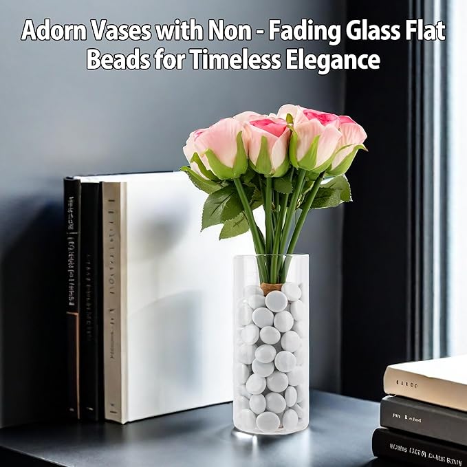 White Glass Marbles, 0.97 LB Flat Glass Beads for Vases, Mosaic Gem Pebbles for Aquarium Decor, Floral Arrangements Vase Filler Smooth Mancala Stones and Crafts Approx. 80-100PCS