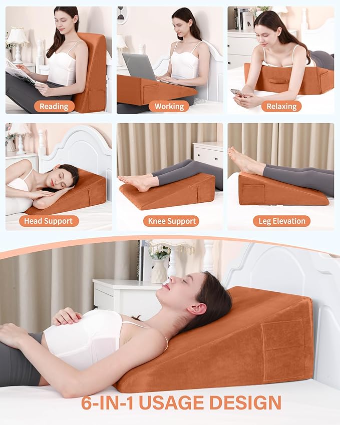 Wedge Pillow for Sleeping, 12 Inch Bed Wedge Pillow for After Surgery, Acid Reflux, Memory Foam Top Triangle Pillow Wedge for Head, Back, Leg with Machine Washable Cover-Camel