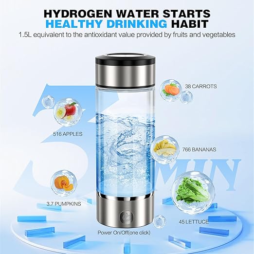 Hydrogen Water Bottle, 14OZ Portable Hydrogen Water Bottle Generator, 3 Min SPE PEM Technology Hydro Infused Water Ionizer, Glass Hydrogen Water Machine, Gift for Home, Office, Travel-Silver