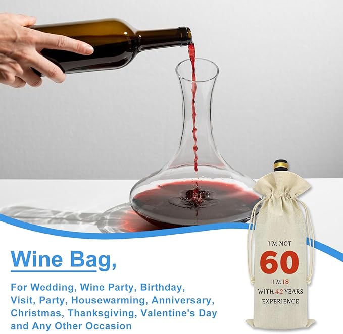 60th Gifts Idea 60th Birthday Decorative Wine Bag Funny 60 Year Old Birthday Gifts for Women Men Happy 60th Birthday Retirement Gift for Grandmother Grandpa Aunt Dad Mom Birthday Party Wine Bottle Bag