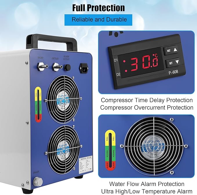 6L Dual Industrial Water Chiller 0.9hp 2.6gpm Water Cooling System CW-5200 Water Cooler w 2 Inlets & Outlets to Chill Two 60W 70W 80W 90W 100W 120W 150W CO2 Laser Engraving Machines