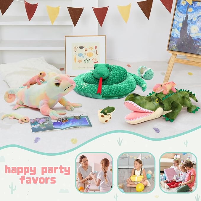 MorisMos 27" Giant Chameleon Stuffed Animal with 4 Baby Lizard Plush Toys for Kid Girl Boy,Realistic Rainbow Chameleon Plush Mama & Baby Lizard Stuffed Animals Gift for Birthday Decor,CE/CPC Certified