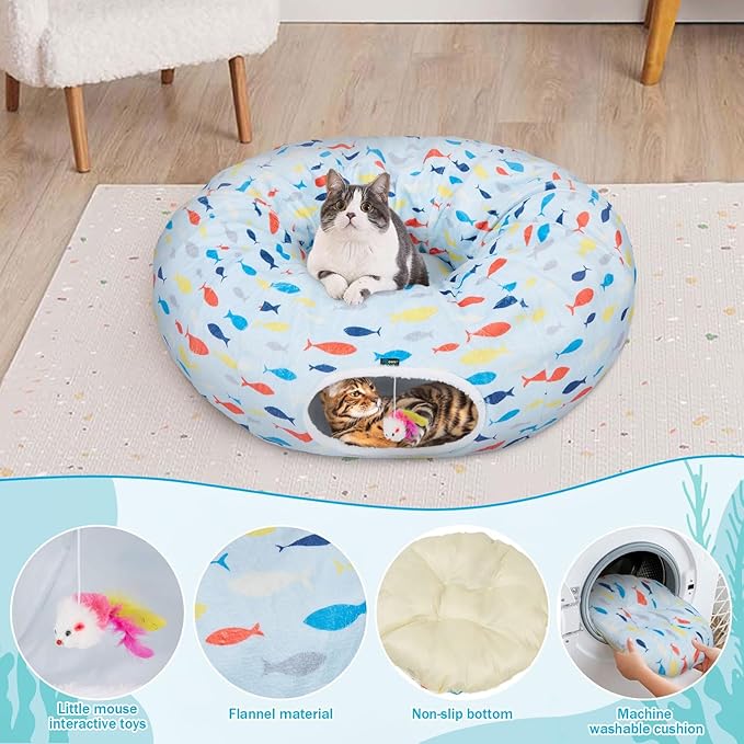 Ownpets Large Cat Tunnel Bed for for All Seasons, Soft Cat Donut Tunnel with Washable Cushion, Round Pet Pet Play Tunnel Toy for Kitten, Puppy, Rabbit, Blue