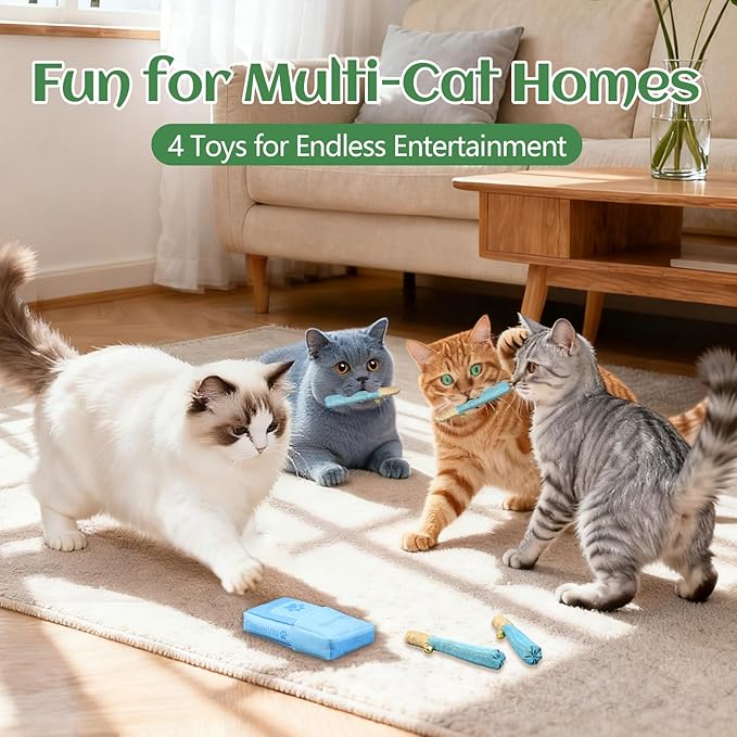 4 Pack Hand-Rolled Catnip Sticks with Chew Rope & Bell -Shaped Cat Toys for Indoor Cats and Kicker Toys, Teething Chew and Play Fun (Blue)
