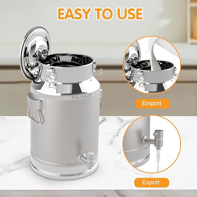Milk Can, 304 Stainless Steel Bucket with Sealed Lid, 5 Gallon Milk Pail, Tote Bucket Heavy Duty for Milk and Wine Liquid Storage with Stainless Steel Ladle