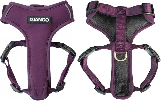 DJANGO Adventure Dog Harness - Stylish, and Durable Medium Dog Harness for Outdoor Adventures and Everyday Wear - Plum Purple Neoprene Adjustable Harness for Dogs with Reflective Piping, Brass D-Ring