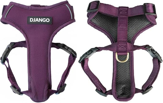 DJANGO Adventure Dog Harness - Stylish, and Durable Medium Dog Harness for Outdoor Adventures and Everyday Wear - Plum Purple Neoprene Adjustable Harness for Dogs with Reflective Piping, Brass D-Ring