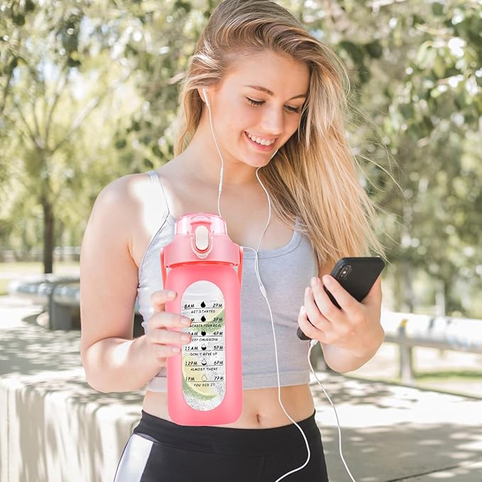 32 oz Glass Water Bottle with Time Marker - 1000ml Large Sports Motivational Water Bottles with Handle & Silicone Case, 1 Liter Leak-proof Measured Drinking Bottle for Gym Fitness Workout (Pink)