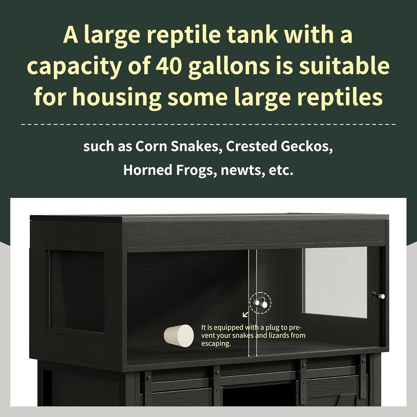 40 Gallon Reptile Terrarium with Stand, Reptile Tank with Barn Door and Storage, Vivarium with Acrylic Doors, Ventilated Mesh Top & Power Outlet, for Geckos, Lizards, Snakes Black PX06RTB