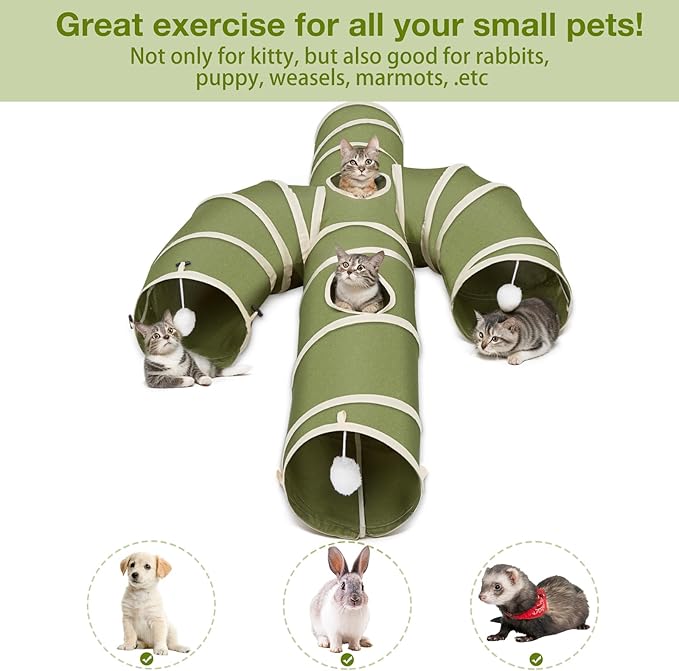 Ownpets Cat Tunnel Cactus-Shaped, Sturdy Oxford Fabric Collapsible Cat Tunnels for Indoor Cats,Interactive Peek Hole Pet Tunnel Tube with Cat Wand Toy, Green