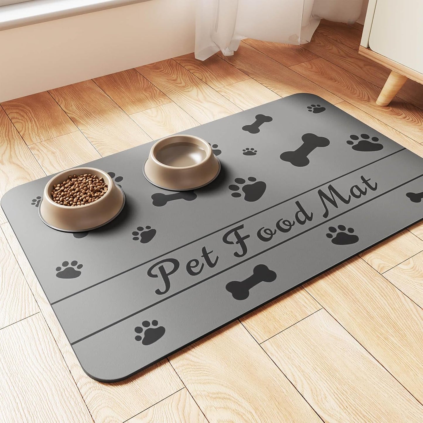 Pet Feeding Mat-Absorbent Pet Placemat for Food and Water Bowl, with Waterproof Rubber Backing, Quick Dry Water Dispenser Mat for Dog and Cat (12"x20", Bones)
