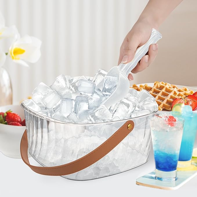 Ice Bucket for Parties, Ice Bucket Bar Beer 6L, Clear Plastic Champagne Bucket with Leather Carrying Handle, Square Ice Bucket with Scoop for Cocktail Bar, Parties, Drinks, Wine, Beer Bottles