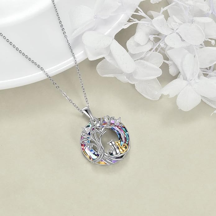 925 Sterling Silver Moon Black Cat Necklace for Women - Tree of Life Jewelry with Abalone Stone - Cat Lover Birthday Gift