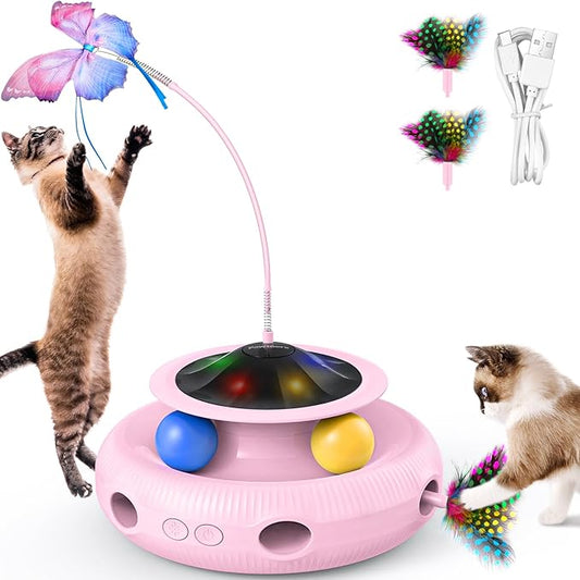 Interactive Cat Toy: 3 in 1 Automatic Cat Toy for Indoor Cats, Electric Kitten Toy with Rechargeable Battery, Self Play Kitty Toys with Rotating Fluttering Butterfly,Track Ball and Ambush Feather,Pink