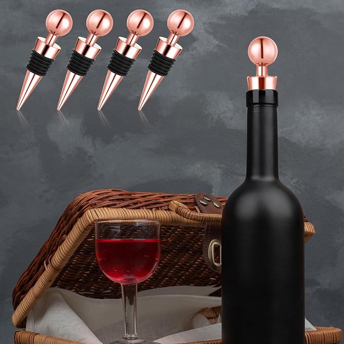 4 Pcs Rose Gold Wine Stoppers Cork Wine Bottle Stoppers for Beverage, Reusable Silicone Vacuum Wine Bottle Corks Stainless Steel Wine Stopper for Glass Bottles Party Wedding Bar