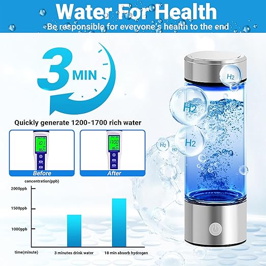 Hydrogen Water Bottle, Portable Rechargeable Hydrogen Water Bottle Generator with SPE PEM Technology 3Min Quick Electrolysis, Hydrogen Water Machine for Home Travel Office Exercise