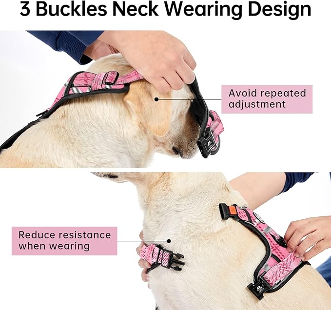 IVY&LANE No Pull Dog Harness with Leash Set, Reflective No Choke Pet Vest,Adjustable Oxford Dog Vest Harness with Easy Control Handle for Medium Lagre Dogs (Checkered Pink,M)