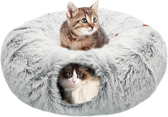 KOMUSMO Cat Tunnel Bed with Central Mat and Hanging Ball Toy, Large Cat Cave Donut for Indoor Cats, Soft Plush Fluffy Peekaboo Cat Bed Cave Collapsible for Small Medium Large Cats Kittens