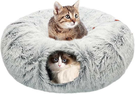 KOMUSMO Cat Tunnel Bed with Central Mat and Hanging Ball Toy, Large Cat Cave Donut for Indoor Cats, Soft Plush Fluffy Peekaboo Cat Bed Cave Collapsible for Small Medium Large Cats Kittens