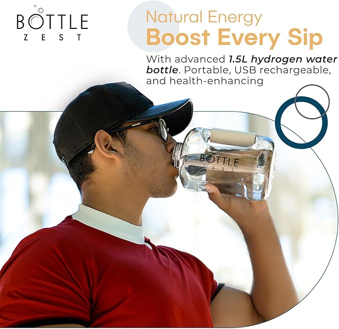 50oz | 1.5L Hydrogen Water Bottle Generator | Latest 2024 SPE PEM Technology | Leakproof | Sports Bottle Jug and Handle | Tritan BPA Free Plastic (Black)