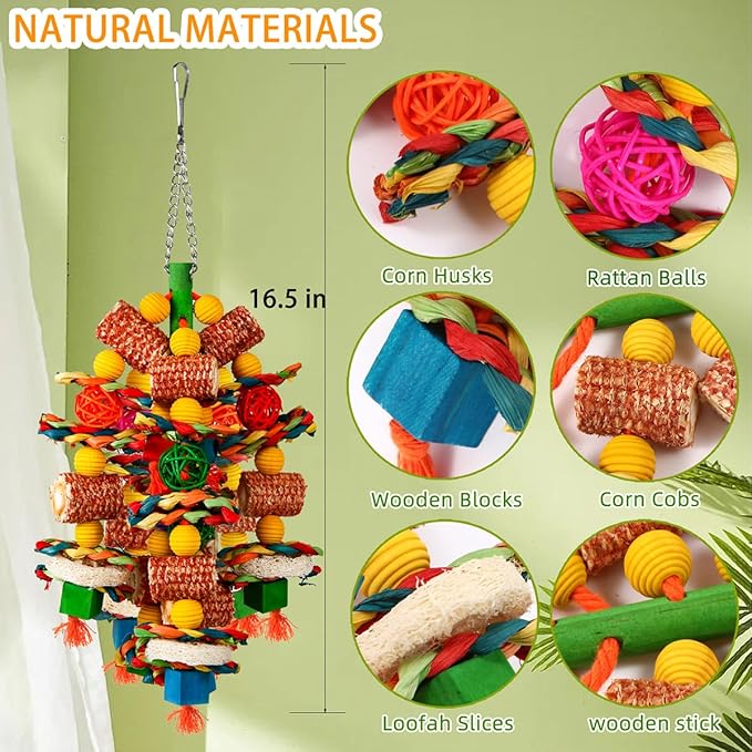 Bird Toys, Parrot Toys for Large Birds,Natural Corn cob and Loofah Slices Bird chew Toys for African Grey Parrots, Macaws, Cockatoos, Amazon Parrot and other Small and Medium-Sized Parrot (Colorful)
