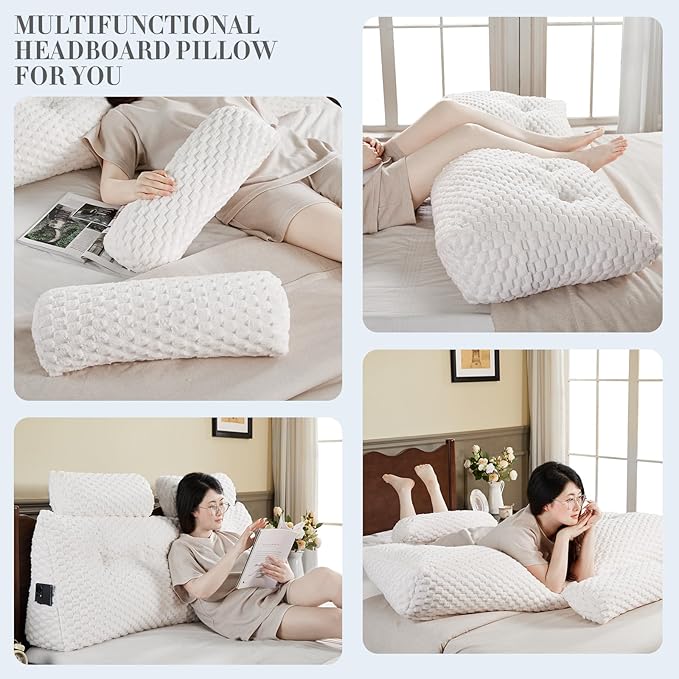 Wedge Headboard Pillow - Bed Wedge Pillow for Headboard Triangular Headboard Pillow with Neck Roll Pillow-Large Bolster Pillow for Sitting in Bed Backrest Positioning Support (White,59x8x20 Inches)