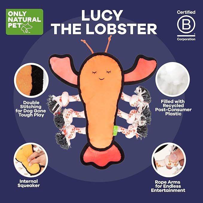 Only Natural Pet Sea Creatures Recycled Plush Dog Toys - Durable Double-Stitched Design with Internal Squeaker, 6 Rope Tug Arms & Plush Tail and Pincers - Squeaky Pet Toy | Lucy the Lobster, 11" x 12"