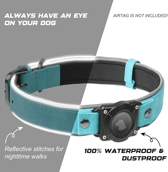 AirTag Dog Collar - Leather Dog Collar with Air Tag Holder | IPX8 Waterproof, Reflective, High - End, Adjustable Soft Padded | Dog GPS Tracker Collars Fit for Medium Large Dogs (Light Blue, L)