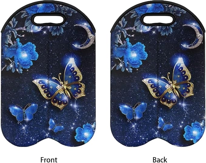 doginthehole Blue Butterfly Wine Bag with Handle Neoprene Tote Wine Champagne Beer Bags Reusable Washable Wine Carrier Portable 2 Bottle Wine Carrying Bag, Gift for Wine Lover