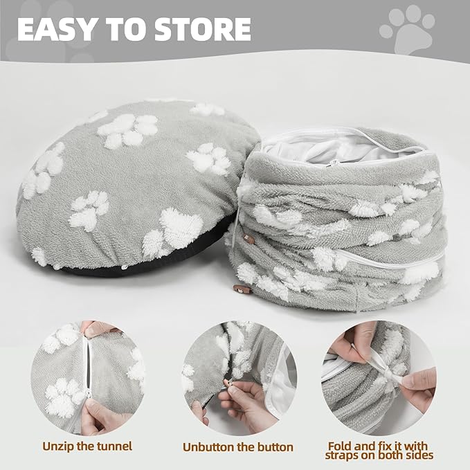 Homimp Cat Tunnel Bed with Central Mat,Large Tube Playground with Plush Ball Toy,Peekaboo Cat Cave with Washable Circle Cushion for Indoor Cats,Pop Up Bed HidePlace for Kitten Puppy Rabbit, Grey Paw