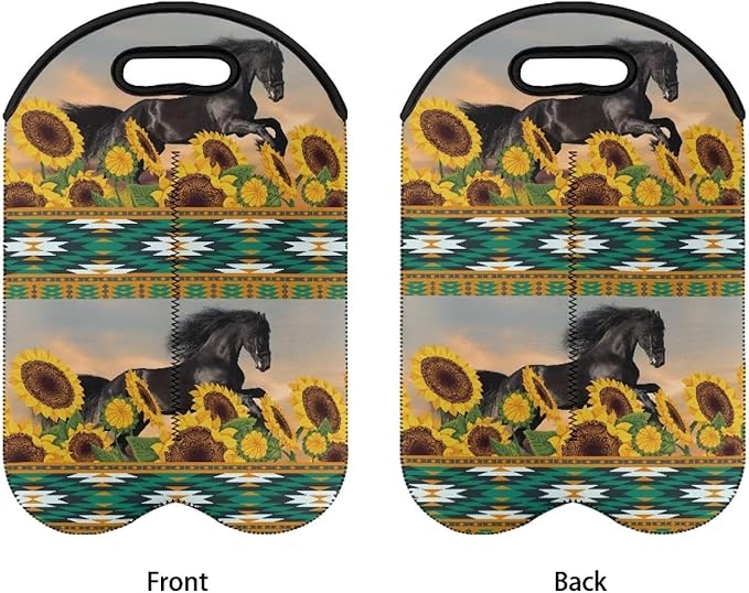 doginthehole Sunflower Horse Wine Bag Insulated Wine Tote Holders Aztec Print Wine Carriers Bag for Wine Beer Cans Water Portable Neoprene Wine Bottle Covers Protector 2 Bottle Wine Carrying Bag
