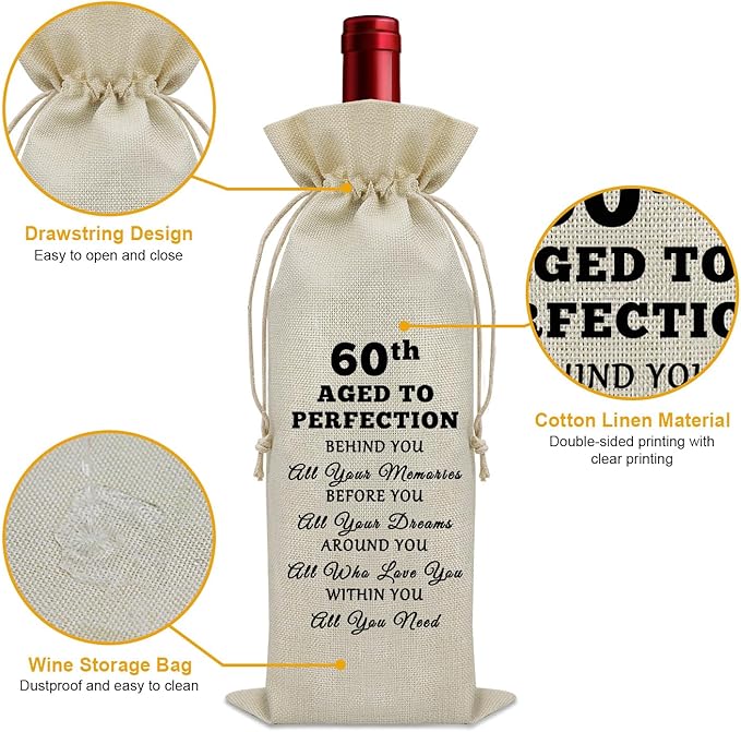 60th Birthday Gifts Wine Bag 60 Year Old Birthday Gifts for Mom Dad Happy 60th Anniversary Decorations Wine Bottle Storage Bag Birthday Gifts for Sister Turning 60 Wine Bottle Decoration Bag