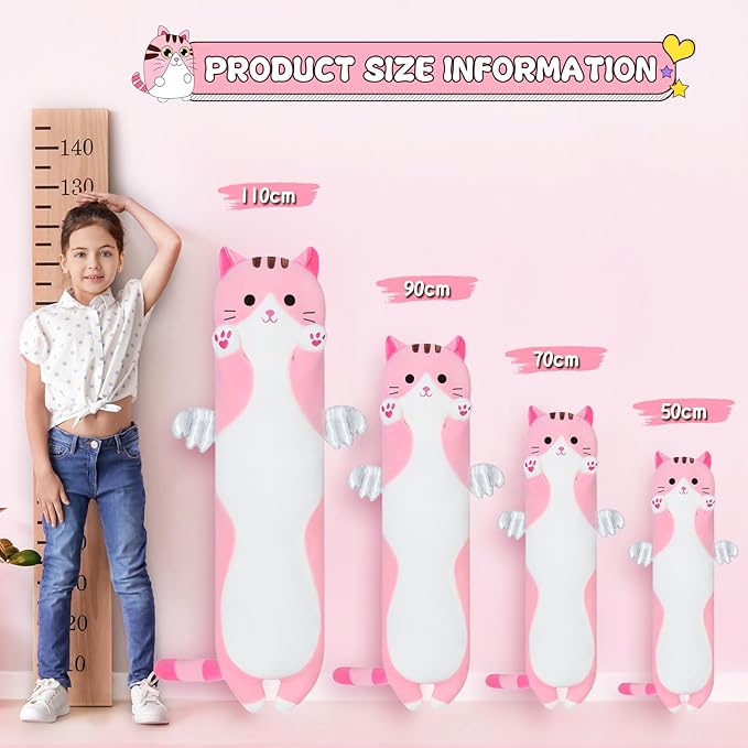 Cute Cat Plush Pillow, Pink Long Cat Stuffed Animals Soft Long Kitten Plushies Kawaii Cat Stuffed Plush Toy for Kids Girlfriend(50cm/19.6inch)