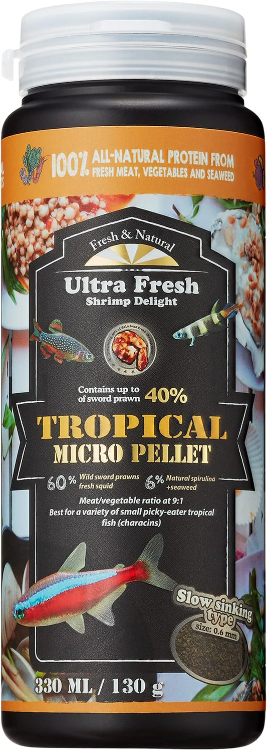 Ultra Fresh Tetra Fish Food, Slow Sinking, All Natural Ingredients, Wild Sword Prawns, Spirulina, Natural Color Enhancement, Small Granules for Small Fish, Tropical Micro Pellet 4.6 oz
